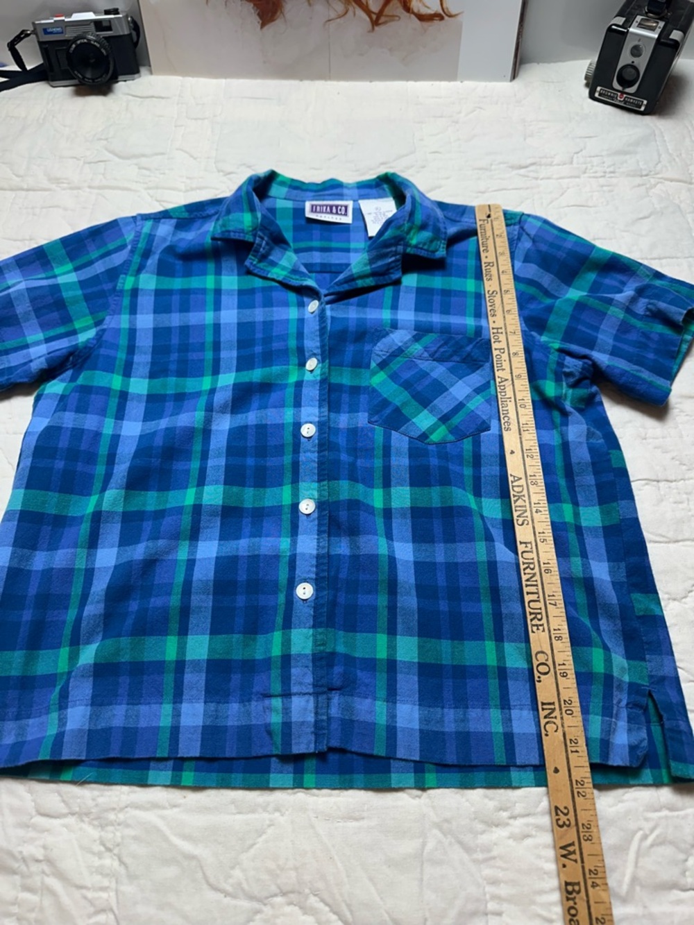 Blue Green Plaid Button Down | 90s Minimalist Boxy Short Sleeve · Erika & Co - Picture 8 of 11